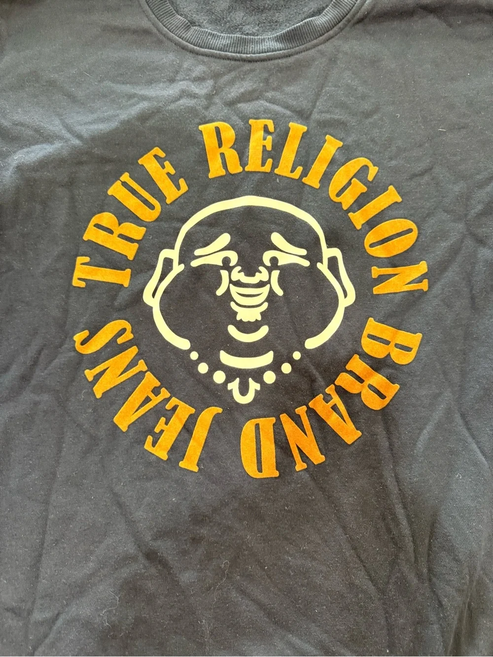 True Religion Navy Pullover with Yellow Logo Graphic